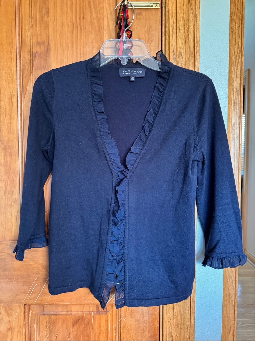 Jones New York Navy Ruffle-Edge Open Cardigan